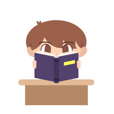 Kitap okuyan bir çocuğun tasviri. Çocuk ders çalışıyor. Büyük bir kitap okuyan biri. Basit karakter illüstrasyon vektör tasarımı