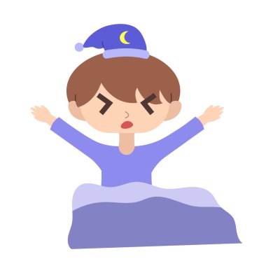 Uyanan bir çocuğun tasviri. Çocuk yatakta esniyor. Tembel bir sabah. Basit karakter illüstrasyon vektör tasarımı.