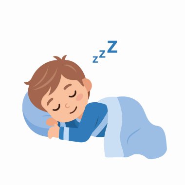 Sessizce uyuyan bir çocuğun tasviri. Karakter vektör tasarımı. Uyuyan bir çocuk. Beyaz arka planda basit bir tasarım. Tasarım 1