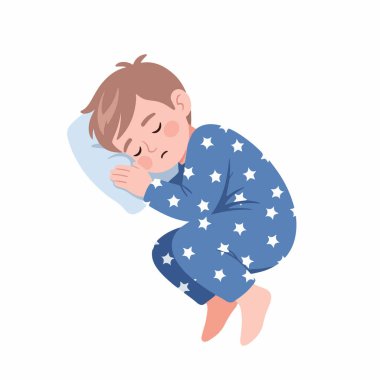 Sessizce uyuyan bir çocuğun tasviri. Karakter vektör tasarımı. Uyuyan bir çocuk. Beyaz arka planda basit bir tasarım. Tasarım 6