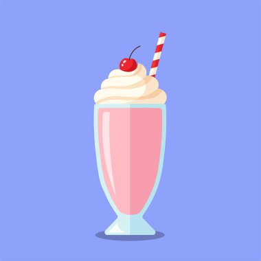 Milkshake düz tasarım. Üstünde krema olan çilekli milkshake. Logolar, çıkartmalar ve diğer ürünler için uygun vektör tasarımı. Güzel tasarım ve çirkin değil. tasarım 2