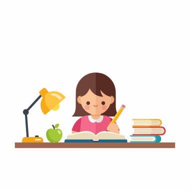 Ders çalışan bir çocuk. Kitap okuyan akıllı bir çocuk. Ders çalışan bir insanın düz tasarımı. tasarım 1