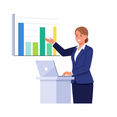 Bir iş kadını sunum yapıyor. Bir ofis çalışanı iş hakkında açıklama yapıyor. İş ve finans konuları için uygun. tasarım 1