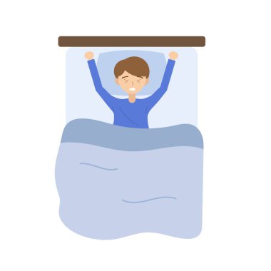 Battaniyeyle kaplanmış, yatakta yatan bir adamın resmi. Kolları havada ve elleri başının yanında. Yani esniyor ya da uyanıyor olabilir.. 