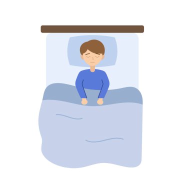 Mavi çarşaflı bir yatakta huzur içinde uyuyan bir gencin resmi. Kişi, bir battaniyeyle örtülü olarak havadan görülür..