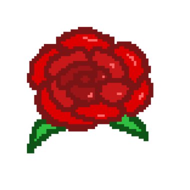 Kırmızı bir gülün piksel sanat temsili. Sıklıkla çeşitli dijital ve fiziksel ürünler için kullanılan retro video oyunlarını anımsatmaktadır.. 