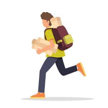 An engineering student facing a deadline. A student in a hurry. Suitable for a collage theme. A running character design.