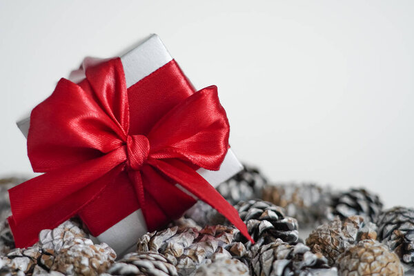 White present box tied with red ribbon bow placed among pine cones. Concept of Christmas, New Year, birthday gift and festive decoration.
