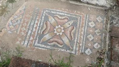 Antik mozaik, tarihi eser, eski uygarlıklardan karmaşık geometrik ve çiçek motifleri. Dion, Yunanistan 'da bir arkeolojik site. Roma ya da Yunan antikaları. Zemin mozaiği, dekoratif taş fayanslar, geleneksel tasarım, kültürel önem. 