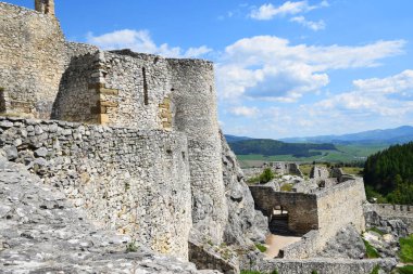 Orta Avrupa 'nın en büyük ortaçağ kaleleri olan Spis Kalesi' nin kalıntıları Slovak dağlıklarında yeşil bir tepenin üzerinde yer alıyor. Taş duvarlar ve siperler zengin tarihi, mimariyi ve mirası yansıtıyor. Yeşil çimenler ve bulutlu yaz gökyüzü. 
