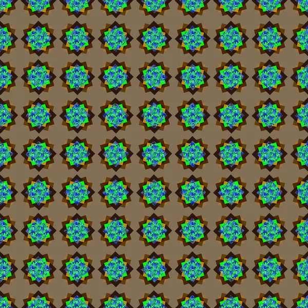 Vektör çizimi. Yeşil, kahverengi ve mavi renkli şirin çiçeklerle kusursuz desen.