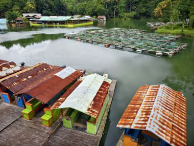 Bogor, Endonezya - 24 Mayıs 2025: Serene Tropikal Göl Manzarasında Geleneksel Yüzen Restoran ve Su Kültürü Balık Çiftlikleri