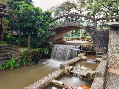 Serene Cascading Şelalesi 'ndeki yemyeşil parktaki Picturesque Taş Köprüsü. Yüksek kalite fotoğraf