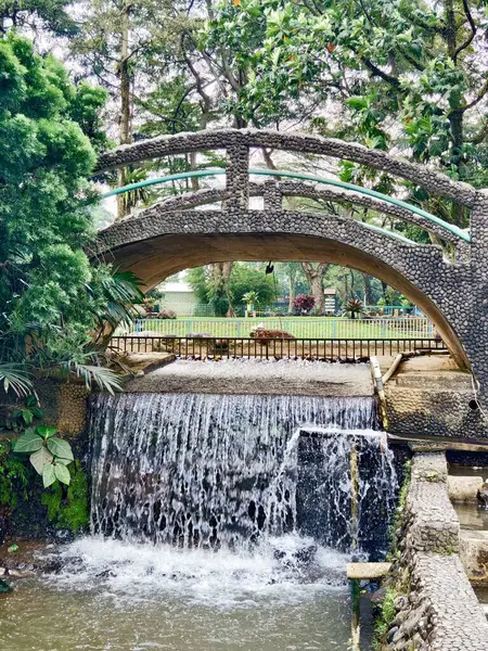 Serene Cascading Şelalesi 'ndeki yemyeşil parktaki Picturesque Taş Köprüsü. Yüksek kalite fotoğraf