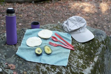 Vejetaryen pikniği ormandaki bir kayanın üzerinde sunuluyor. İçinde avokado sandviçleri, yalıtılmış bir kap ve yeniden kullanılabilir plastik çatal bıçak bulunuyor. Sağlıklı ve sürdürülebilir bir açık hava yemek deneyimi sunuyor.