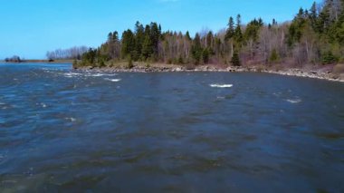 İlkbaharda bir nehir üzerinden, bulutsuz mavi bir gökyüzünün altında ormanla kaplı kayalık bir kıyıya alçak uçuşlar. Mitis Nehri, Quebec, Kanada, 2025.