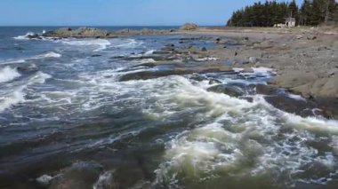 Evergreen 'lerle çevrili küçük, ıssız bir kulübe mavi gökyüzünün altındaki kayalık bir noktaya çarpan ve köpüren dalgalara bakıyor. Mtis-sur-Mer, Quebec, Kanada, 2025.