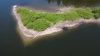 Mitis Nehri boyunca, çalılar ve sürüklenen dallarla kaplı verimli bir ada, huzurlu su yansımaları ve arka planda görünen Mitis-2 hidroelektrik barajı ile sakin bir manzara. Quebec, Kanada.