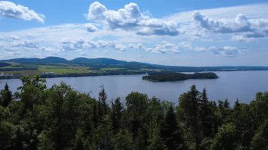 Bulutlu bir gökyüzünün altındaki kırsal alanda, büyük bir gölün ortasındaki bir adaya doğru, ormanın ağaç tepelerinden yavaş bir uçuş. La Matapedia, Quebec, Kanada, 2025.