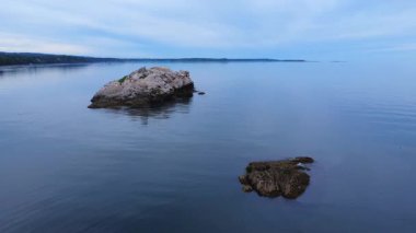 Sakin bir okyanusun üzerinden, çift tepeli karabataklar, martılar ve ustura gagaları gibi deniz kuşları tarafından kolonileştirilmiş bir grup kayaya doğru uçuyorlar. Metis-sur-Mer, Quebec, Kanada, 2025.