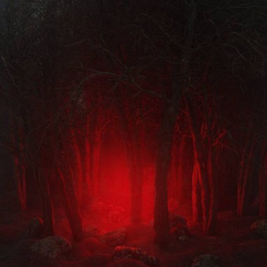 Ormanın atmosferinde kırmızı ışık. Korku sahnesi. Karanlık, ürkütücü.