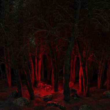 Ormanın atmosferinde kırmızı ışık. Korku sahnesi. Karanlık, ürkütücü.