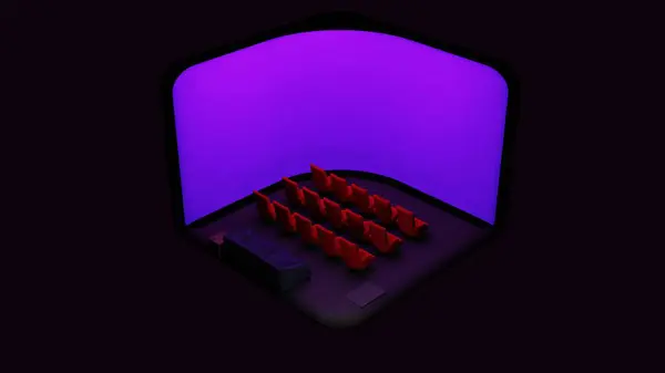 Grafik tasarımı için 3d sinema planetaryumu şablonu video animasyon koltukları boşluk mor