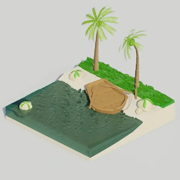 İzometrik 3D diyorama gökyüzü tropik kayık okyanus karikatürü
