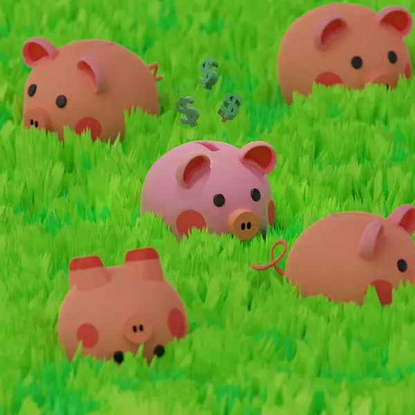 Piggy Bank çimen karikatür tarzında 3D sahne düşük polyester sanat