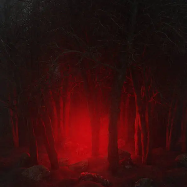 Ormanın atmosferinde kırmızı ışık. Korku sahnesi. Karanlık, ürkütücü.