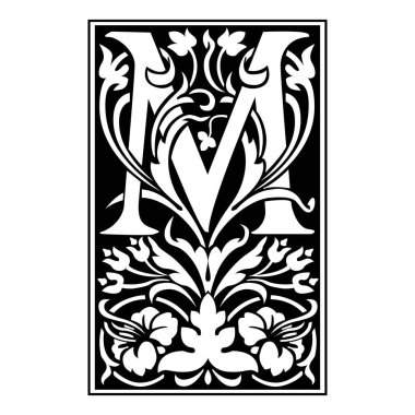 Victoriana Baş harfleri Büyük harf M vektör tasarımı çizimi