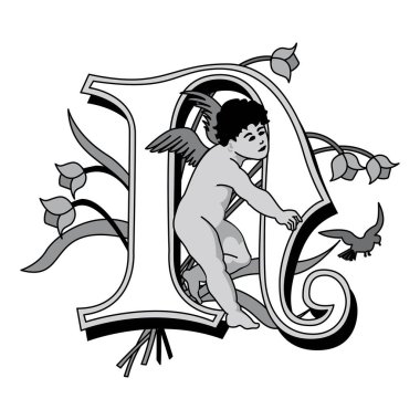 Meleklerin Baş harfleri Büyük harf N vektör tasarım çizimi