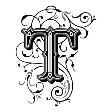 Art Tuscani Yazı Tipi Büyük harf T vektör tasarımı çizimi
