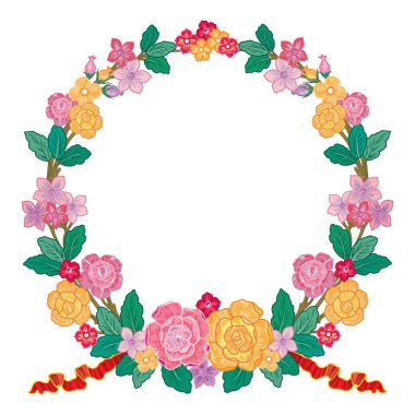 Şenlik kırmızı kurdeleler ve farklı şekil vektör illüstrasyonunun yapraklarıyla izole edilmiş kurdele çelengi.