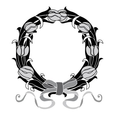 Şenlik kırmızı kurdeleler ve farklı şekil vektör illüstrasyonunun yapraklarıyla izole edilmiş kurdele çelengi.