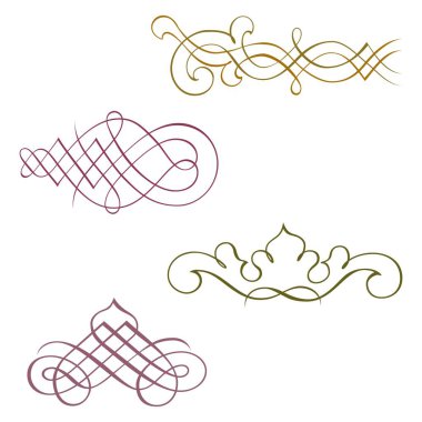 Klasik kaligrafi çiçekli vignette kaydırma köşeleri süs tasarım elementleri izole vektör illüstrasyonunu ayarlar