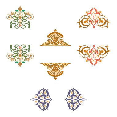 Klasik kaligrafi çiçekli vignette kaydırma köşeleri süs tasarım elementleri izole vektör illüstrasyonunu ayarlar