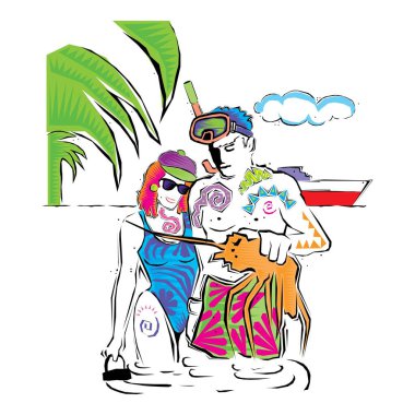 Tropikal plajda suda duran çift avuç içi ve şemsiyeyle kum üzerinde 3D izometrik izole vektör çizimi