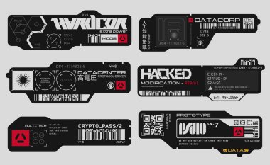 Cyberpunk decals set. Set of vector stickers and labels in futuristic style. Inscriptions and symbols, Japanese hieroglyphs for AI controlled, high voltage, warning.