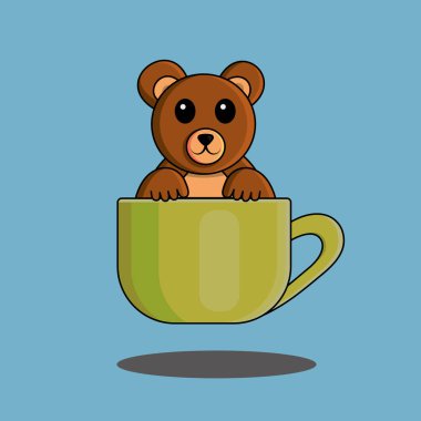 Mavi Arkaplanda Kahve fincanında Tatlı Çizgi Film Ayısı