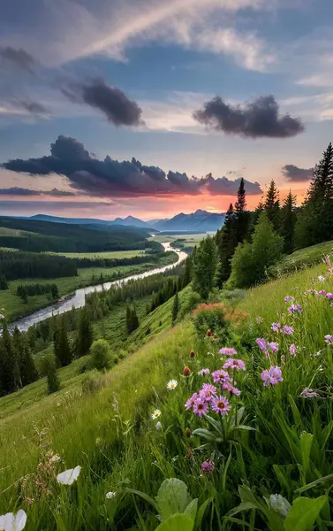 Yeşil ağaçların ve yaprakların manzarası, nehirler, göller, bulutlar, gökyüzü, güneş ve güzel doğa.