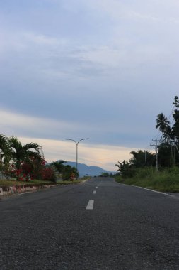 Yol kenarındaki yeşil ağaçların ve yaprakların gölgeli bulutların ve mavi gökyüzünün görüntüsü.
