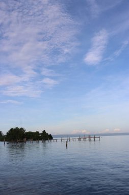 Sahil kenarındaki ağaçların resmi, sakin deniz, yeşil yapraklar, bulutlar ve mavi gökyüzü.