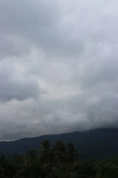 Sabahları ağaçlar, bulutlar ve sakin gökyüzü görünen dağların estetik görüntüsü.