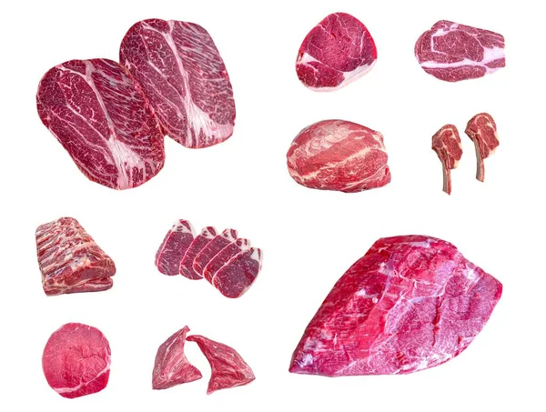 Variedad Filetes Carne Cruda Para Asar Aislados Sobre Fondo Blanco — Foto de Stock
