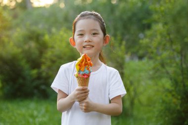 Gülümseyen ve mutlu görünümlü Asyalı çocuk 5-6 yaşlarında, beyaz bir tişört giymiş, çimenli parkta mutlu bir ifadeye sahip, elinde kocaman renkli bir dondurmayla duruyor.