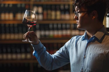Şarap mahzeninde, yetenekli şarap garsonunun elinde kırmızı şarap kadehi bulunan, rengini ve aromasını inceleyen, şarap tatma konusundaki uzmanlığını lezzet ve özelliklerini analiz ederek sergileyen bir ev fotoğrafı.