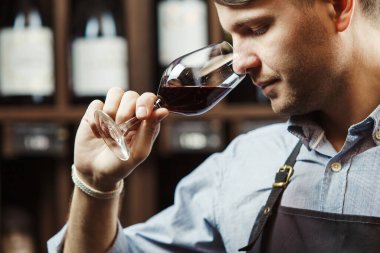 Sommelier, Bokal 'ın arka planında şarap ve mahzende şişe kokusu alıyor. Erkek, renkleri, kaliteyi ve içki tortularını takdir eder. Şarap yapımında profesyonel degustation uzmanı.
