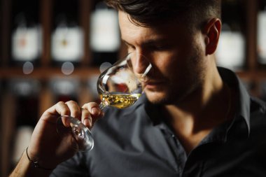 Sommelier adam beyaz koklama şarap cam, içki içecek hakkında bilgi almak çalışan adam alıcı kokular sıvı, fotoğraf en iyi görünümü konteyner ve erkek degüstasyon süreci döktü yakın çekim