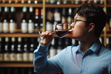 Şarap uzmanı kırmızı şarabın tadını çıkarıyor, kalitesini ve lezzet profilini özenle analiz ediyor, iyi stoklanmış ahşap mahzen arka planında bedava fotokopi alanı ile.